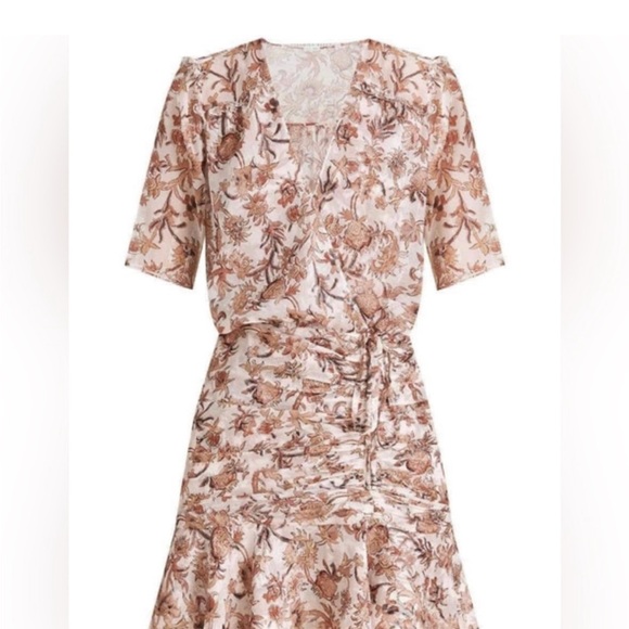 Veronica Beard Dakota Ruched Floral Silk Dress Metallic Tan Brown Mini Size 6 - Picture 6 of 7
